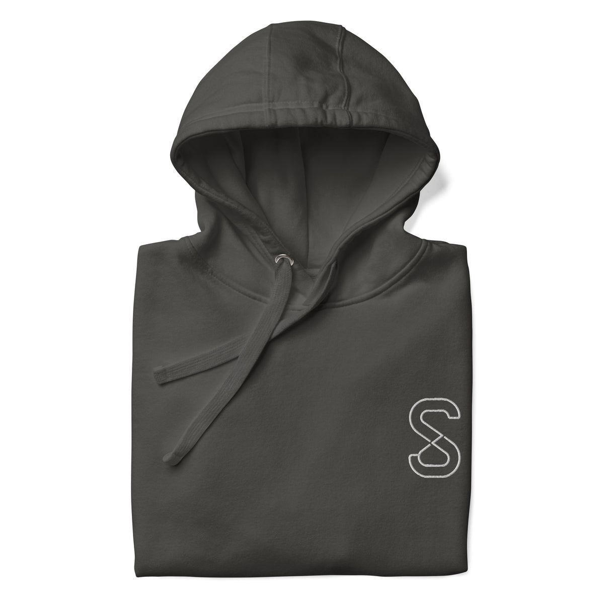 Vintage Black (faded charcoal grey) unisex hoodie, front view, with embroidered white SparkyCA S logo on the left chest