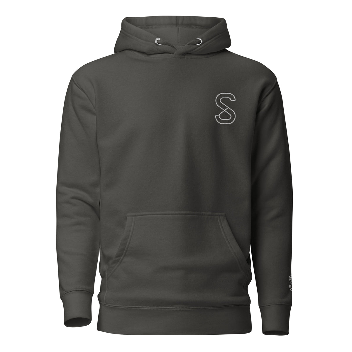 Vintage Black (faded charcoal grey) unisex hoodie, front view, with embroidered white SparkyCA S logo on the left chest