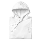 White unisex hoodie, front view, with embroidered logo on the left chest