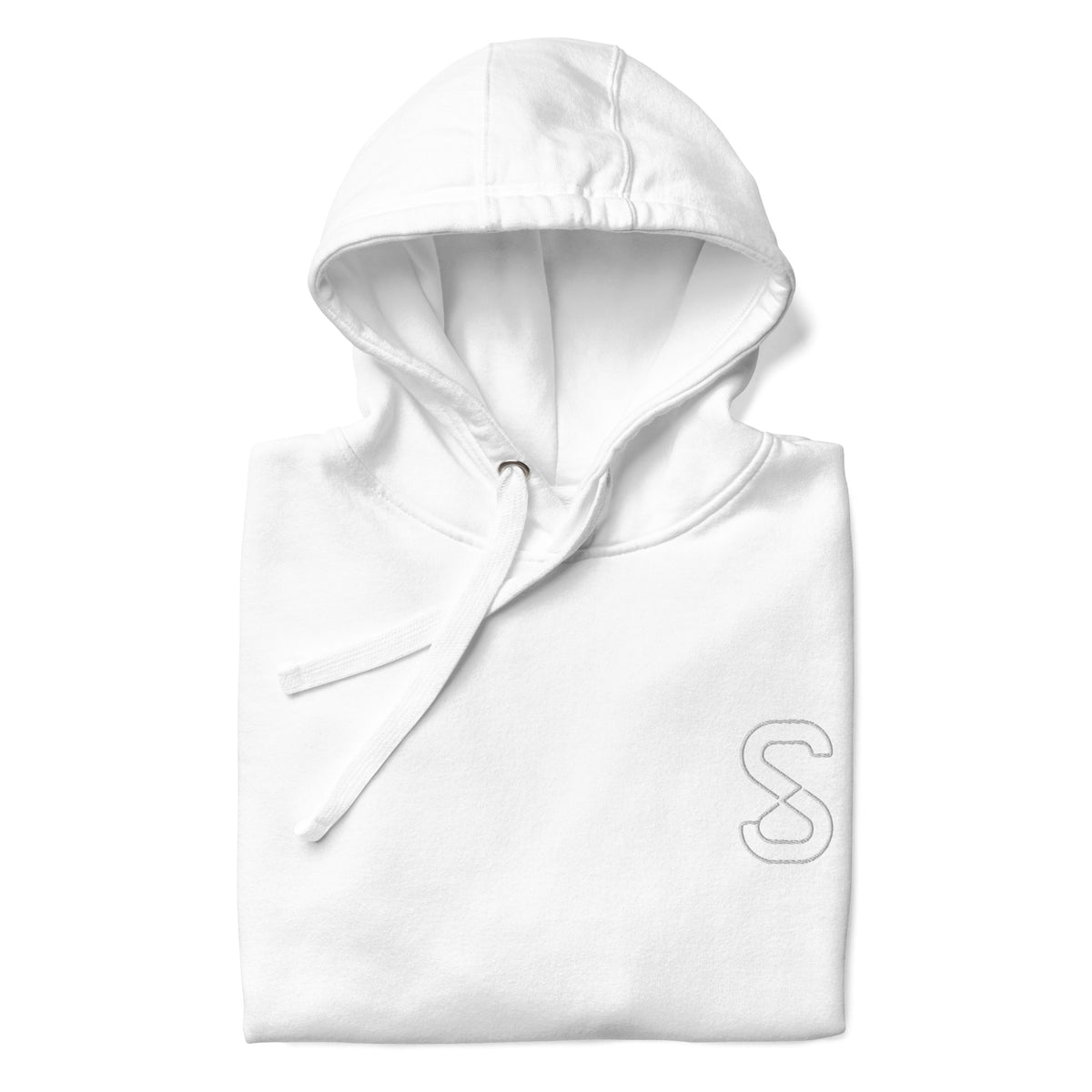 White unisex hoodie, front view, with embroidered logo on the left chest