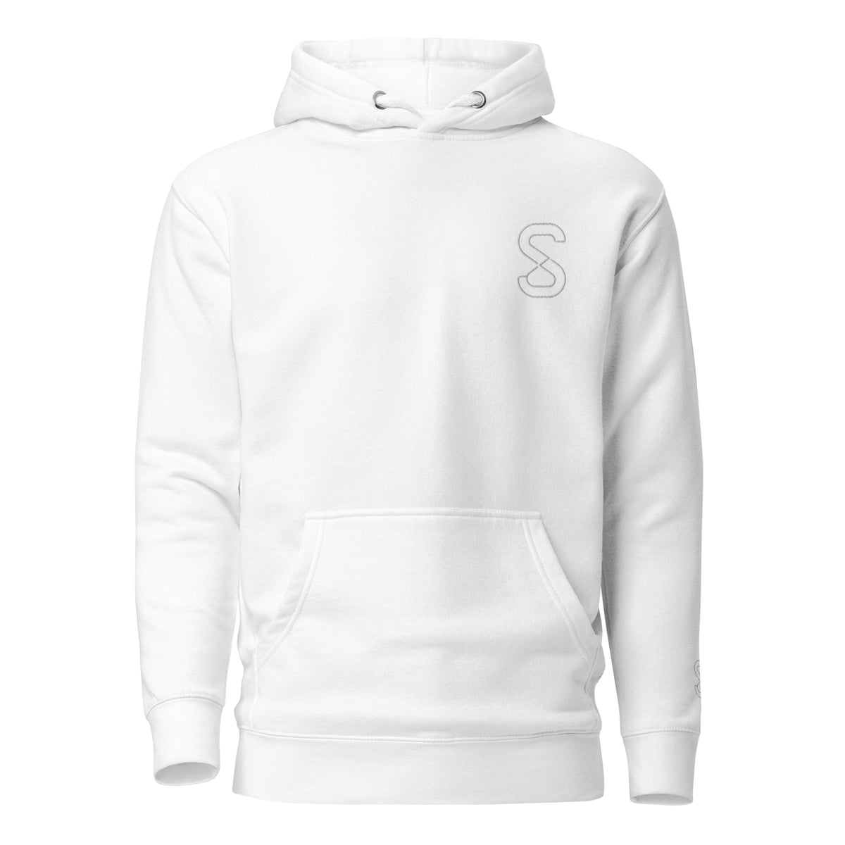 White unisex hoodie, front view, with embroidered logo on the left chest